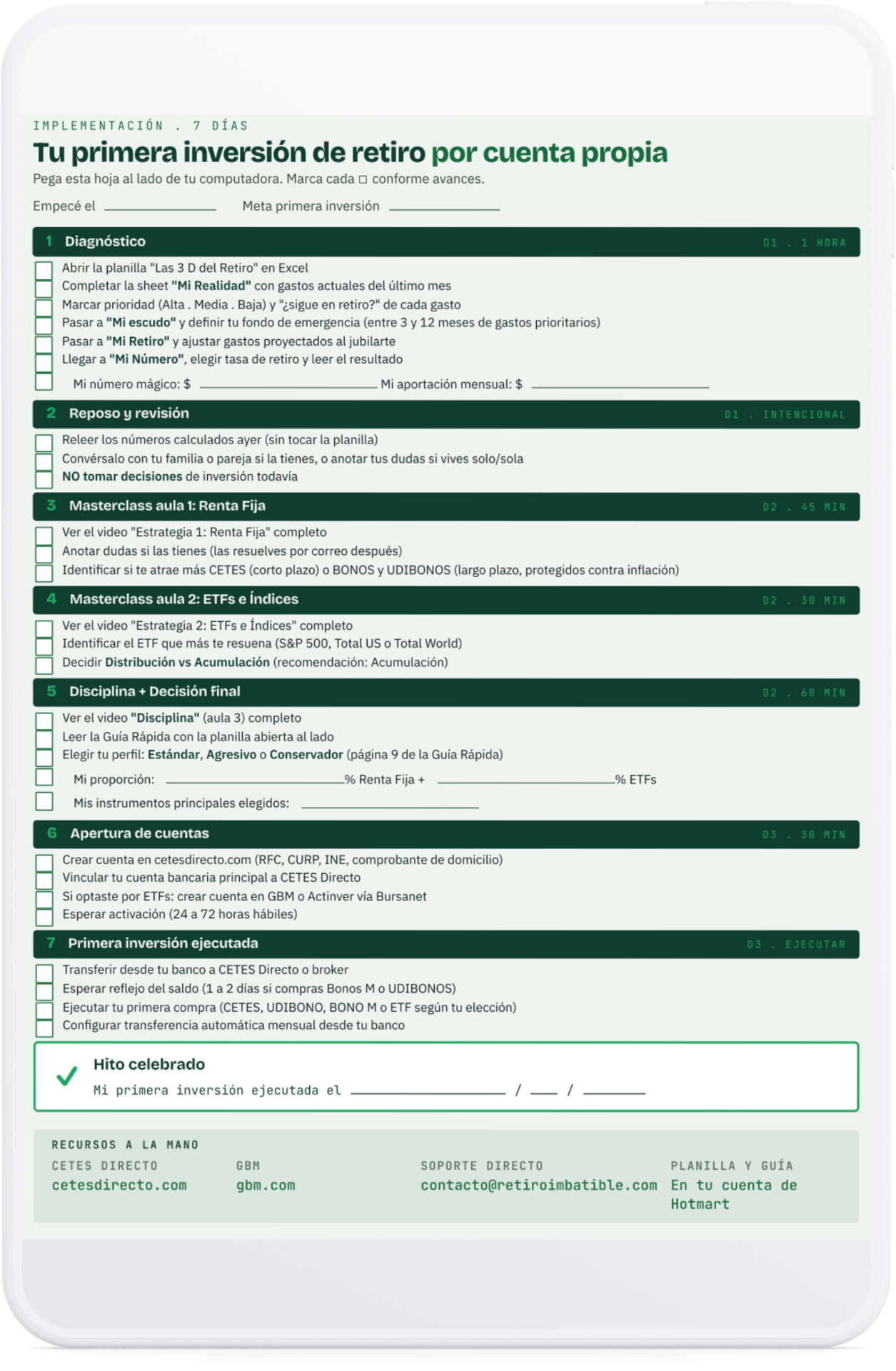 Checklist de ejecución de 7 días + ritual mensual